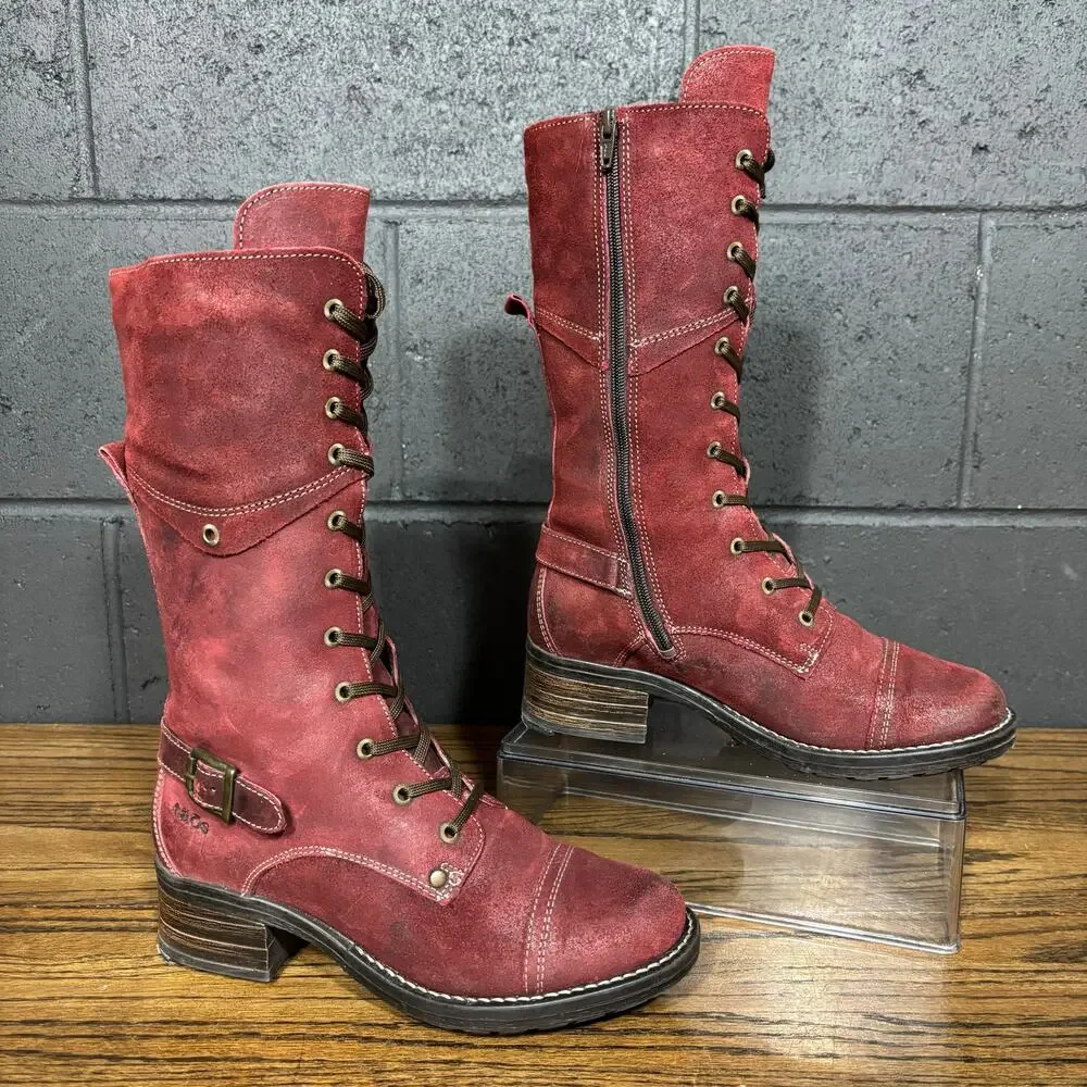 Taos Tall Crave Garnet Red Suede Lace Up Boots EU 38 US 7.5 Buckle - Picture 2 of 6